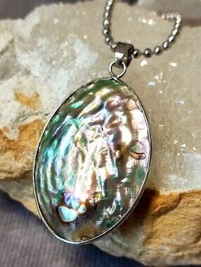 Abalone Puffed Paua Shell Dual Sided Oval Necklace Silver Tone